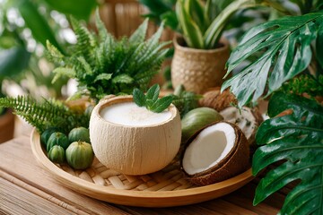 Tropical coconut smoothie with fresh greenery and ferns in a bamboo tray