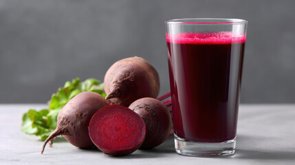 Tall glass of fresh red beetroot juice, healthy raw vegetable beverage. Organic beetroots with green leaves sit on table, creating clean and nutritious scene