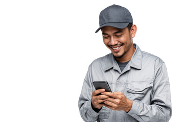 Smiling man in work uniform using smartphone for texting someone