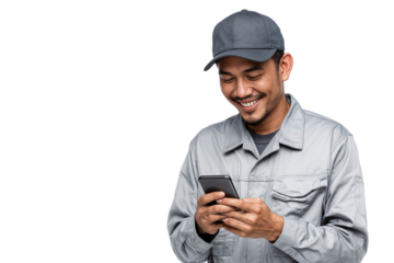 Smiling man in work uniform using smartphone for texting someone