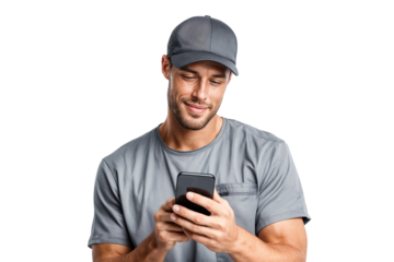 Male Technician worker in t-shirt and cap using smartphone with a smile