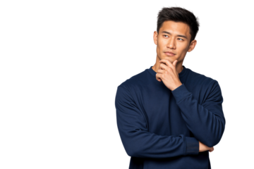 Handsome Asian man with a thoughtful expression, looking up and to the side, isolated on transparent background