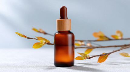 Natural cosmetic serum in an amber glass dropper bottle. An organic skincare product for beauty treatment sits with plant branch for calm and relaxing composition