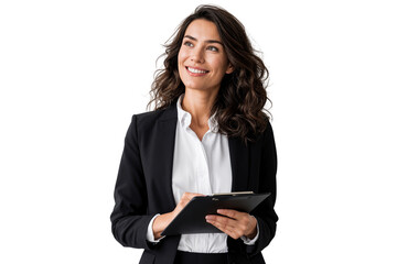 Attractive businesswoman in a black suit and white blouse smiles while holding a clipboard, looking upwards with a positive expression