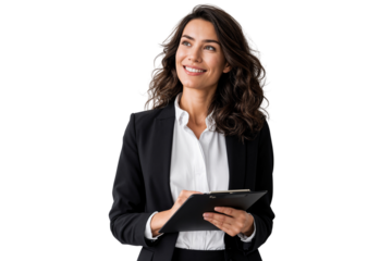 Attractive businesswoman in a black suit and white blouse smiles while holding a clipboard, looking upwards with a positive expression