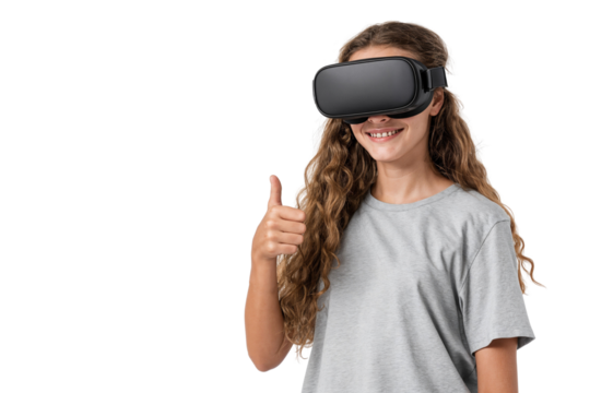 Smiling girl with VR headset gives thumbs up, experiencing virtual reality, isolated on white background