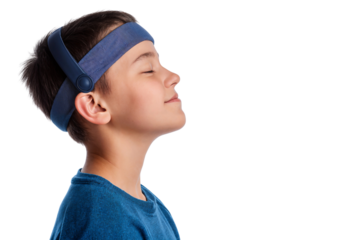 Young boy with a headband, eyes closed, appearing calm and relaxed, possibly meditating or de-stressing