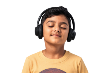 Young boy with headphones, eyes closed, enjoying music with a serene expression, isolated on transparent background