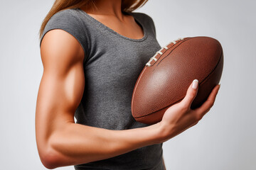 Strong female athlete with muscular arms holding rugby ball against grey background in studio