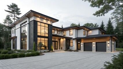 This impressive modern luxury house, with its large glass facade and stone accents, stands illuminated at dusk, showcasing contemporary architectural design.