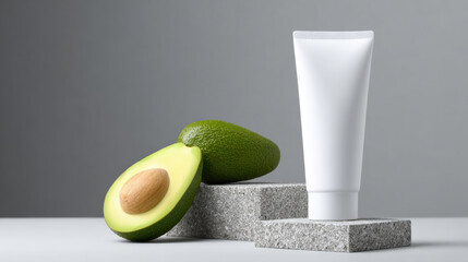 Natural skincare cosmetic mockup with white tube and fresh green avocado on stone podium. serene beauty product display feeling clean and organic for advertising