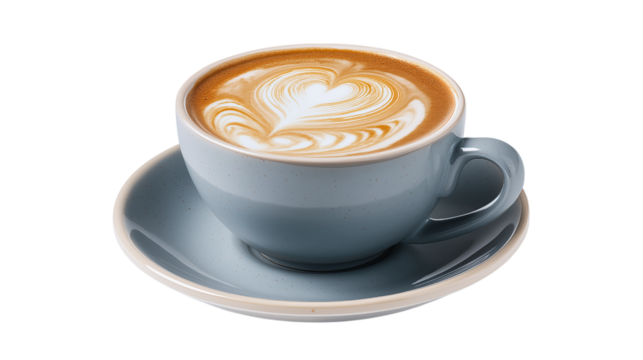 Latte Art Heart in a Blue Ceramic Cup on Saucer