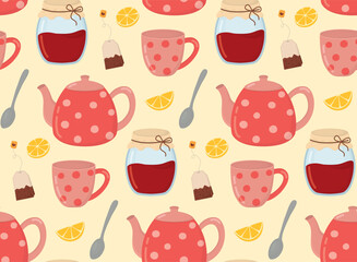 Seamless background with tea pots, jars of jam, cups, tea bags, spoons and lemons. Cozy tea party pattern 