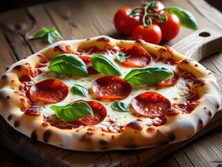 Delicious neapolitan pepperoni pizza topped with fresh basil and cherry tomatoes on a wooden board