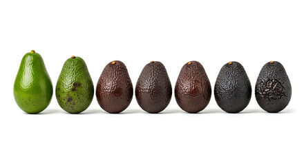 Row of avocados displaying various stages of ripeness from green to dark brown.