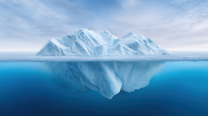 Serene landscape of majestic iceberg floating in cold sea. vast ice formation shows beautiful reflection in deep blue water, with mysterious underwater view