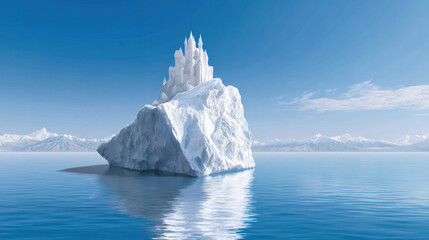 Majestic ice castle on giant iceberg floating in calm arctic ocean water. This magical fantasy landscape features serene blue sky and beautiful, clear reflection