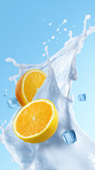 Fresh juicy orange citrus fruit creating cool liquid burst. dynamic splash with an ice cube on blue background captures refreshing moment and healthy concept