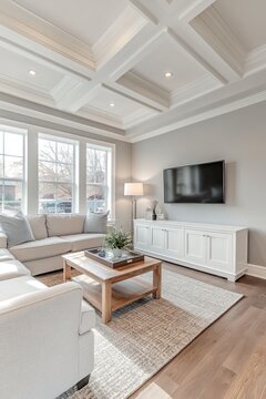 Light-filled living room with coffered ceiling