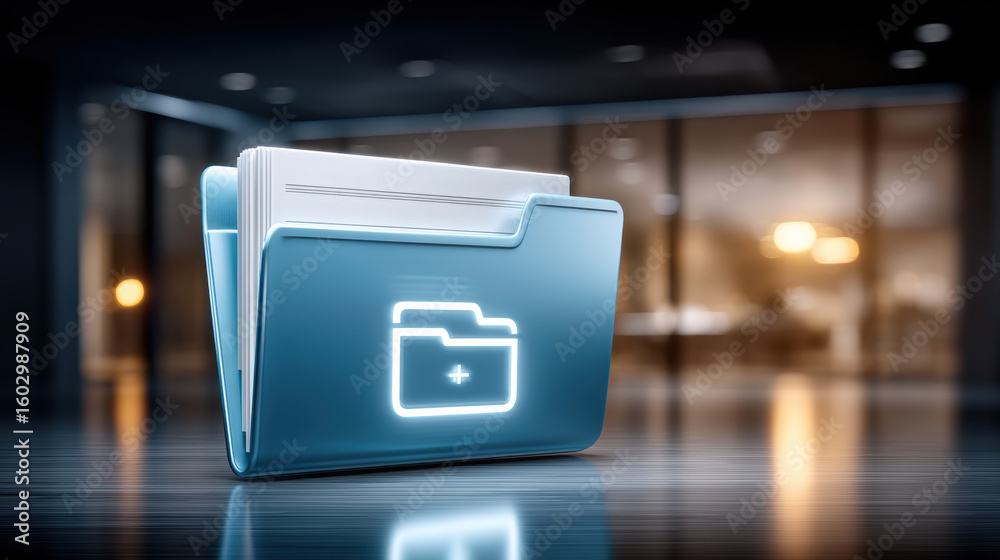 Poster digital file folder with documents and glowing folder icon, modern data storage concept in office en
