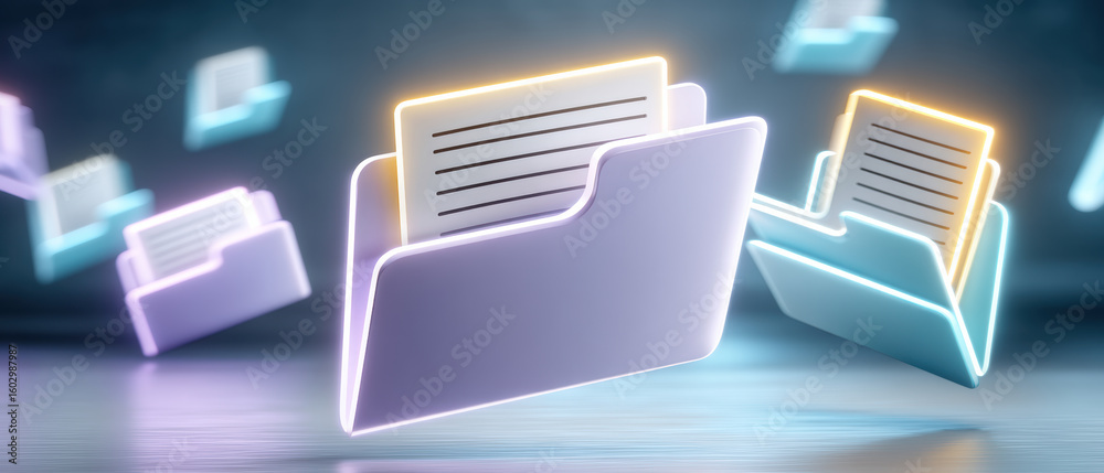 Poster digital file folder with glowing edges and document icons floating, symbolizing data storage and org