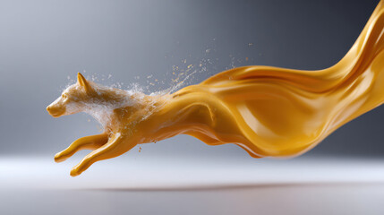 Dynamic surreal wolf animal forming from orange liquid juice. An energetic creation captured in mid motion, showing powerful flow and splash of fluid form