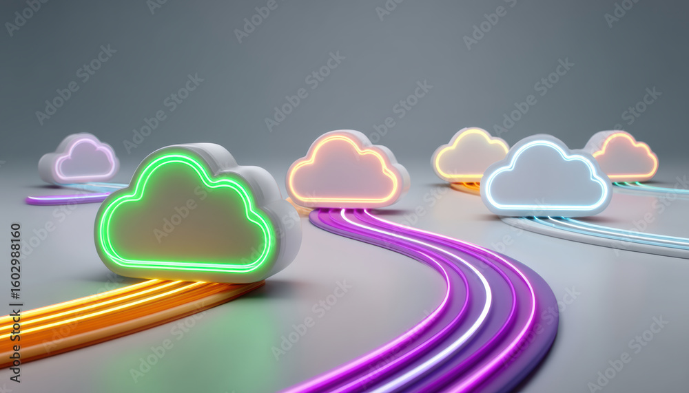 Poster neon cloud icons connected by colorful glowing lines on gray surface, representing digital data flow