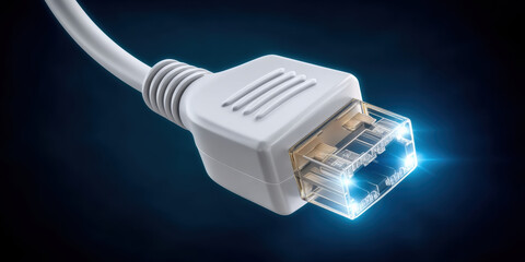 White ethernet cable connector glowing with blue light on dark background, symbolizing network connection and data transfer technology