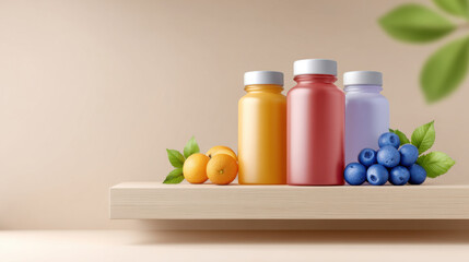 Vibrant trio of fresh juice bottles on minimal wooden shelf with apricot and blueberry. healthy, refreshing, and natural beverage concept for wellness and nutrition