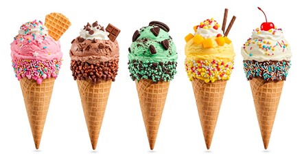 Five ice cream cones with different flavors and toppings arranged in a row on white background