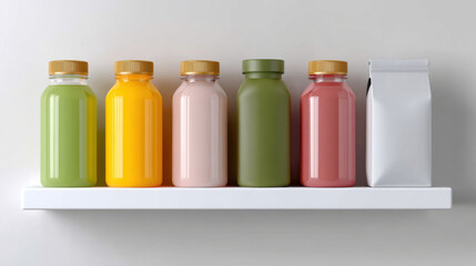 Colorful row of assorted fresh juice and healthy drink in glass bottle on minimalist shelf. Refreshing beverage concept with product container and pouch for vitality