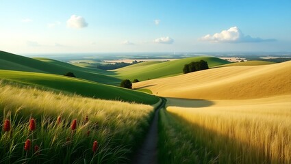  Idyllic Countryside Landscape with Rolling Hills and Golden Wheat Fields – Nature