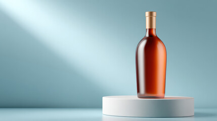 Elegant rose wine bottle mockup on modern white pedestal under dramatic spotlight. Luxury product presentation with clean blue background and copy space for advertising