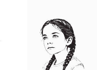 Black and White Hand-Drawn Portrait of a Young Girl with Braided Hair – Detailed Line Art Illustration