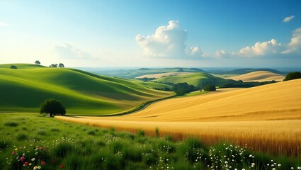 Obraz premium Idyllic Countryside Landscape with Rolling Hills and Golden Wheat Fields – Nature