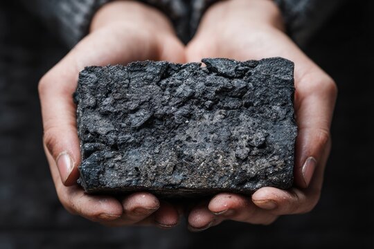 Hands holding a dark gray, rough block of coal