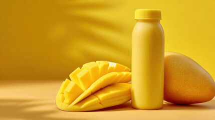 Fresh yellow mango smoothie in bottle next to juicy sliced mango fruit. healthy refreshing drink for vibrant diet, delicious natural beverage concept