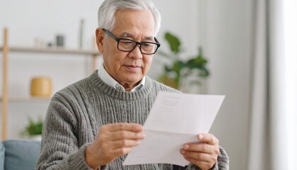 Elderly man wearing glasses and reading a medication pamphlet. High quality. 