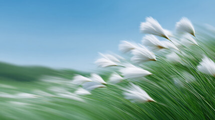 Soft white wildflower blowing in gentle wind across green grass field. serene motion blur creates an airy, light, and peaceful feeling with beautiful blue sky background