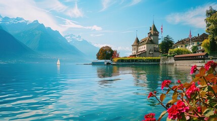 Obraz premium Lake Geneva in Switzerland: Alpine-Hugged Waters, Scenic Shores, and Cultural Heritage Along Europe's Iconic Lake
