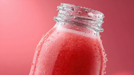 Close up of fresh cold watermelon juice in transparent glass bottle showing condensation. refreshing pink drink offering pure, cool, summer refreshment
