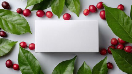 Natural top view of fresh coffee leaf and red cherry frame. white box mockup for branding on clean background. This design concept feels organic and vibrant