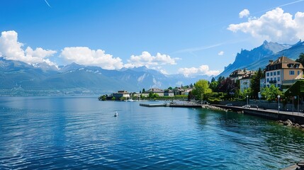 Fototapeta premium Lake Geneva in Switzerland: Alpine-Hugged Waters, Scenic Shores, and Cultural Heritage Along Europe's Iconic Lake