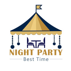 Elegant Night Party Logo Design Template &ndash; Outdoor Event, Tent, Table & Chairs Illustration, High-quality vector logo template featuring a stylish tent with a table and chairs under it