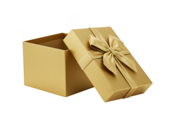Open golden gift box with ribbon and bow, present concept isolated on transparent background