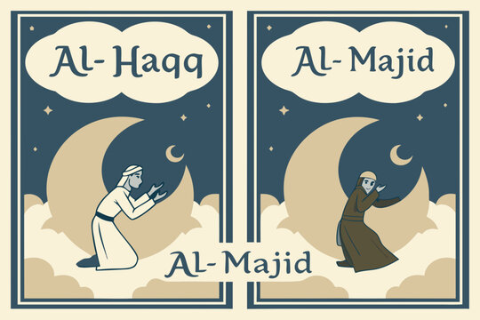 Illustrated islamic posters featuring people praying on moons with names al haqq and al majid above