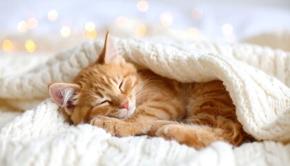Cozy ginger kitten sleeping under a warm blanket