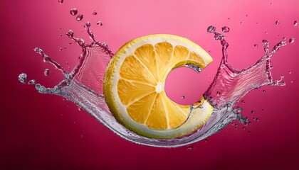 vitamin c a splash of water surrounds a lemon slice shaped like the letter c against a vibrant pink background