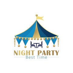 Elegant Night Party Logo Design Template &ndash; Outdoor Event, Tent, Table & Chairs Illustration, High-quality vector logo template featuring a stylish tent with a table and chairs under it