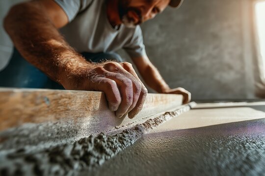 Worker screeding floor with focus and precision, engaged in surface leveling. Concept of worker screeding floor in skilled craftsmanship and quality surface preparation.